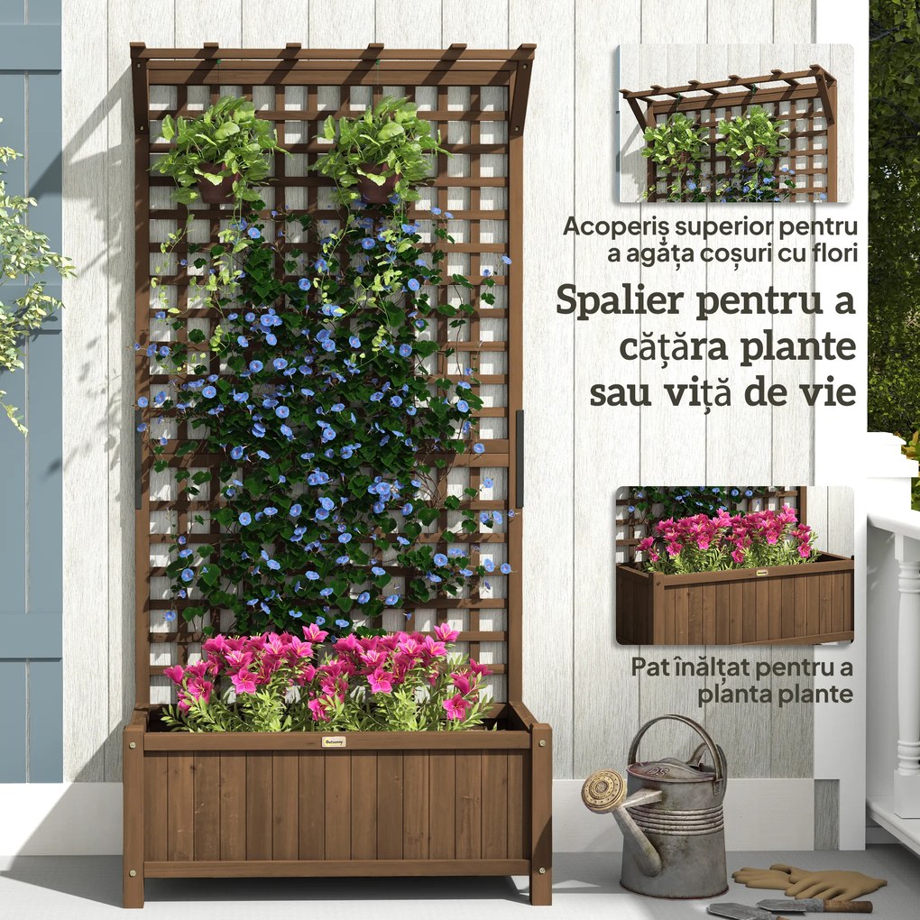 Outsunny Jardinieră Ridicată de Exterior cu Spalier și Bară Superioară, Ghiveci din Lemn de Brad cu Orificii de Drenaj pentru Flori și Legume, Ideală pentru Grădină și Balcon, Maro Închis | Aosom Romania