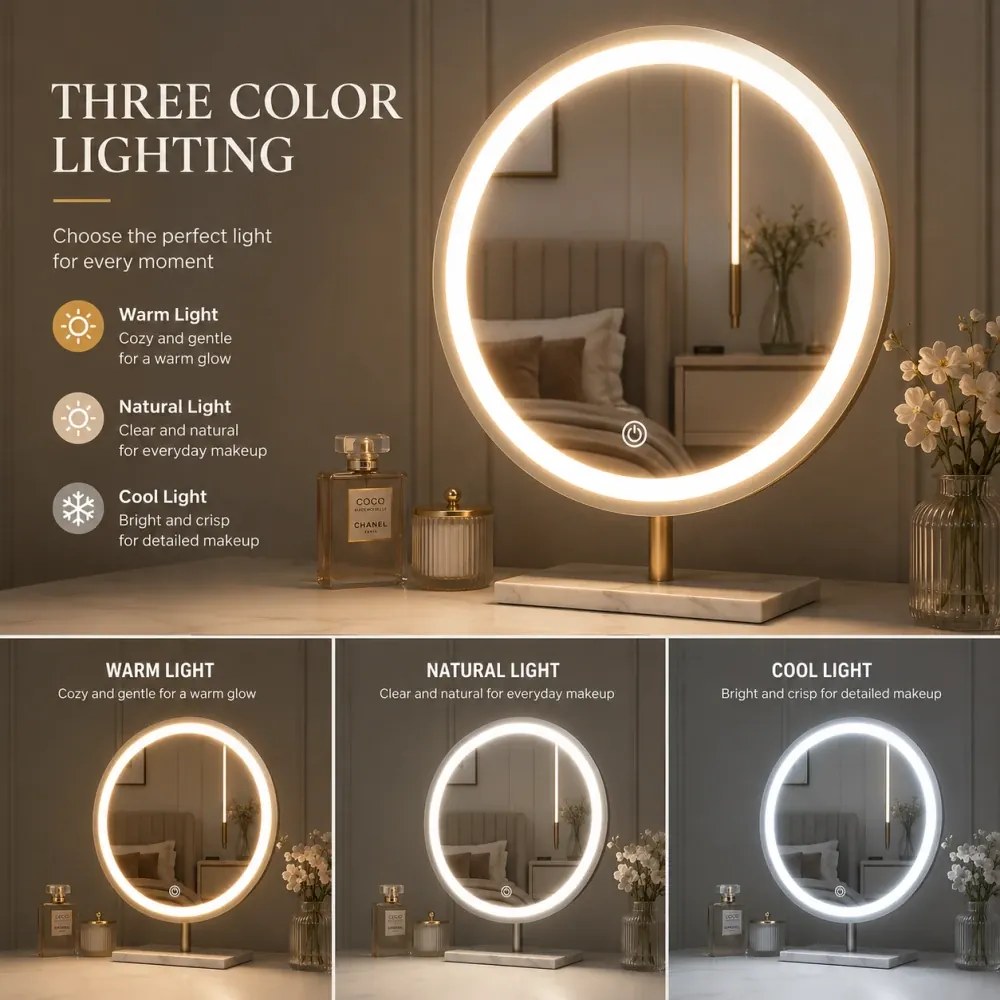 Set ROYAL GREY – Masă de Toaletă pentru Machiaj, Oglindă iluminată LED, Control touch, Trei tipuri culoare, Taburet, 100 cm, Gri