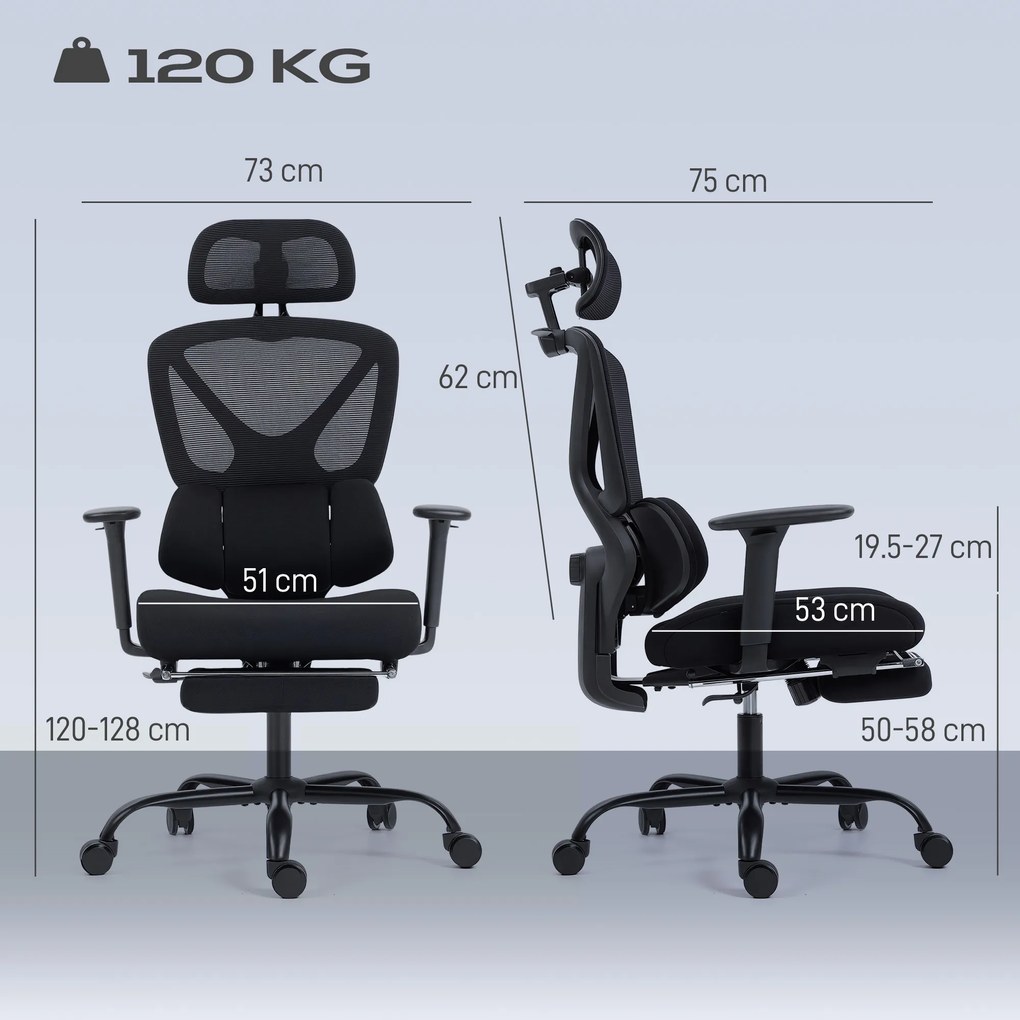 HOMCOM Scaun de birou ergonomic, cu suport lombar dinamic și suport pentru picioare, 73x75x120-128 cm, negru | Aosom Romania