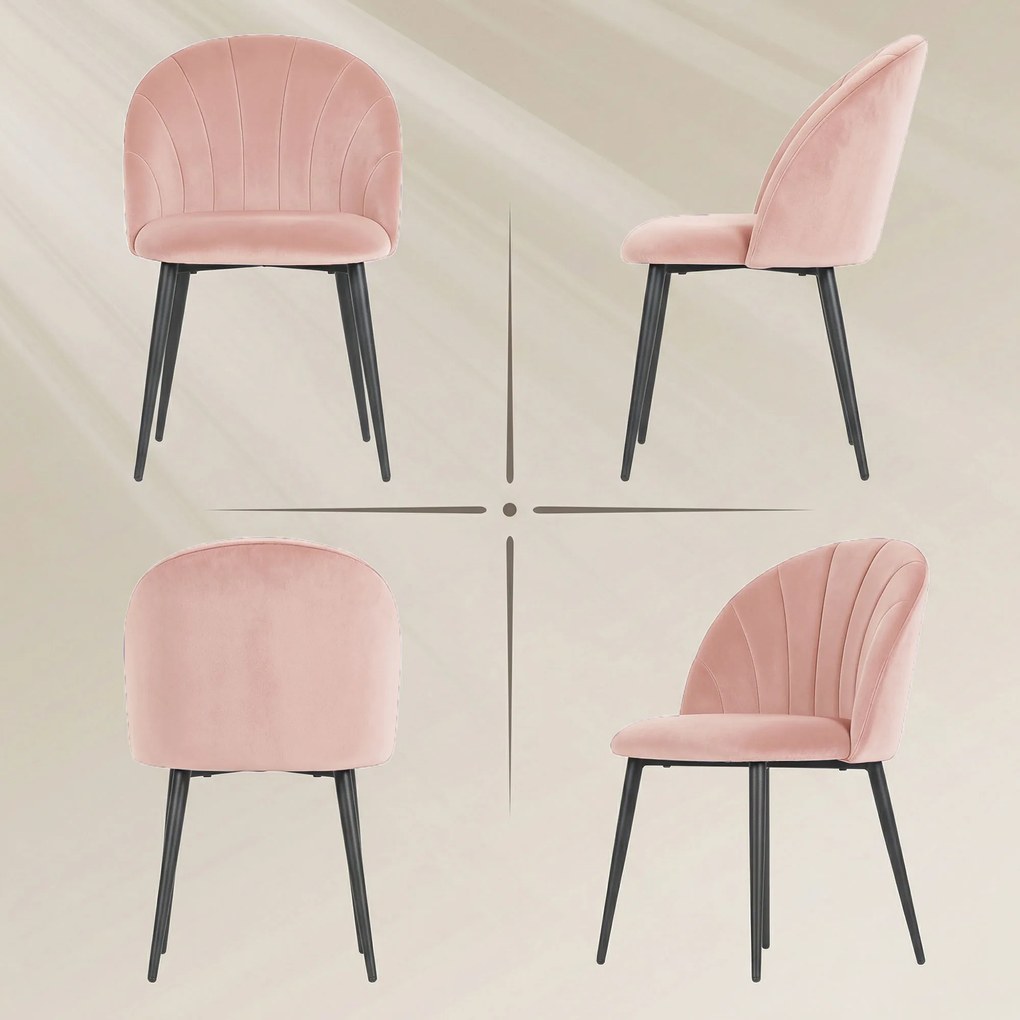 HOMCOM Set de 2 Scaune de Sufragerie din Catifea, Scaune Bucătărie cu Spătar Curbat în Formă de Scoică, Picioare din Oțel, Stil Nordic, Scaun Tapițat pentru Bucătărie, Dormitor, Cameră de Zi, Roz | Aosom Romania