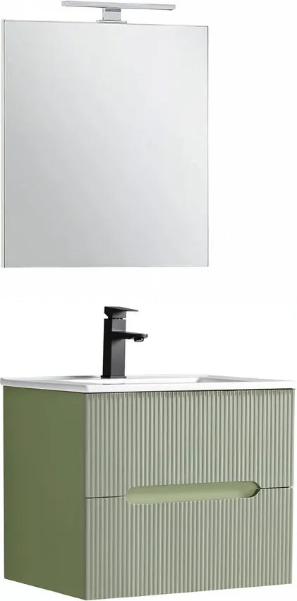 Trent mobilier de baie 60 cm chiuvetă ceramică (2 sertare) cu oglindă 60x80 cm verde fistic-verde-oliv