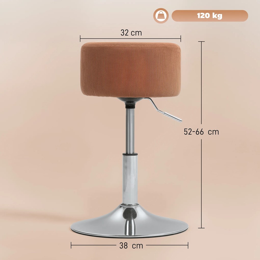 HOMCOM Taburet Inalt de Bucatarie Reglabil in Inaltime 52-66 cm Tapitat in Catifea Rotativ 360° Maro | Aosom Romania