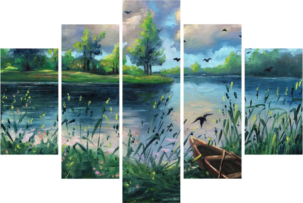 Tablou- Pictură în ulei, seară de vară lângă lac (150x105 cm)