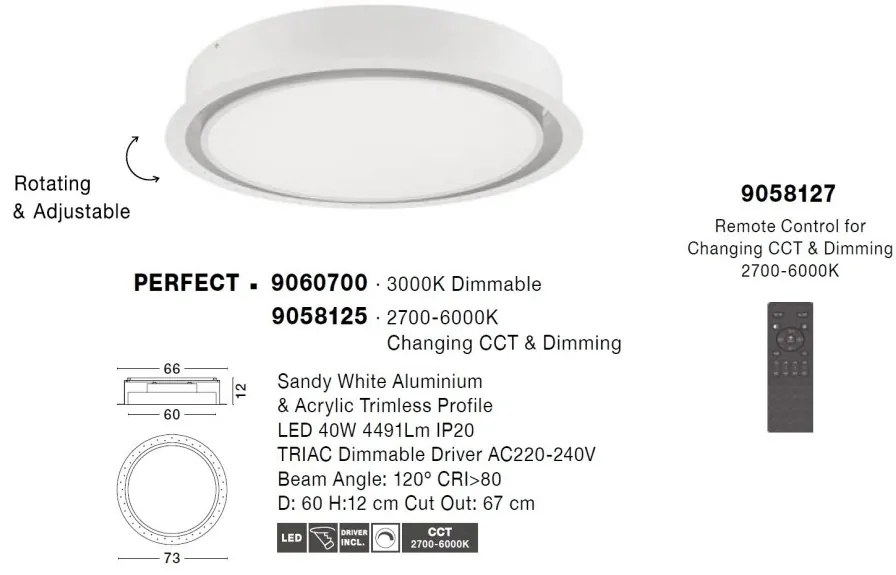 Plafoniera LED incastrabila reglabila PERFECT 60cm alba CCT Dimmable
