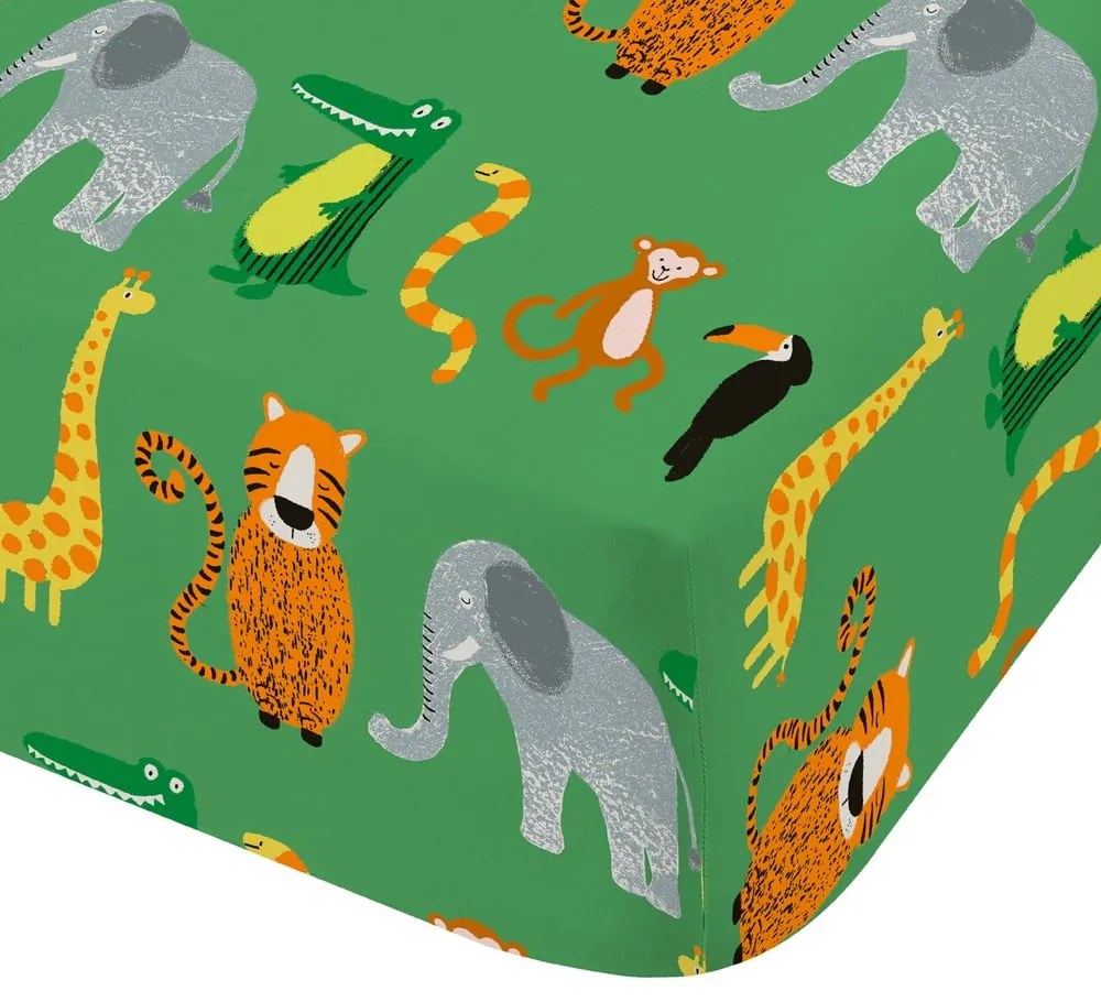 Cearceaf pentru copii verde pentru pat de o persoană cu elastic 90x190 cm Animal Magic – Catherine Lansfield
