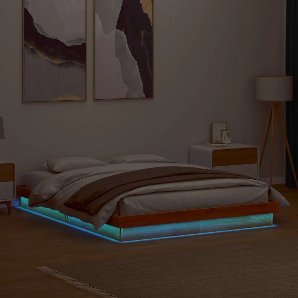 vidaXL Cadru de pat cu LED, maro ceruit, 150x200 cm, lemn masiv de pin
