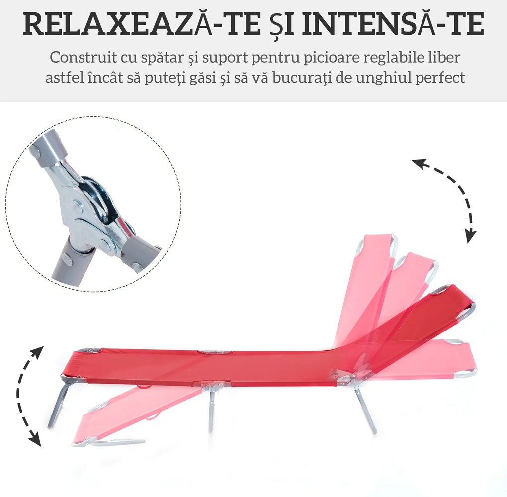 Outsunny Șezlong Pliabil cu Spătar Reglabil în 5 Poziții, Șezlong de Grădină cu Structură din Metal și Material Oxford, pentru Plajă, Piscină, Grădină, 187x55x24cm, Roșu | Aosom Romania