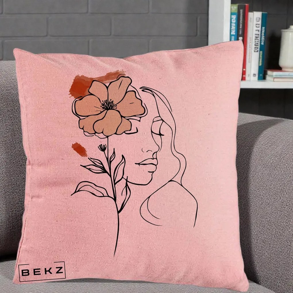 Perna Decorativa Portret Feminin Floare Bej Terracotta, 40x40 cm, Roz, Husa Detasabila, Perna Inclusa, BEKZ®