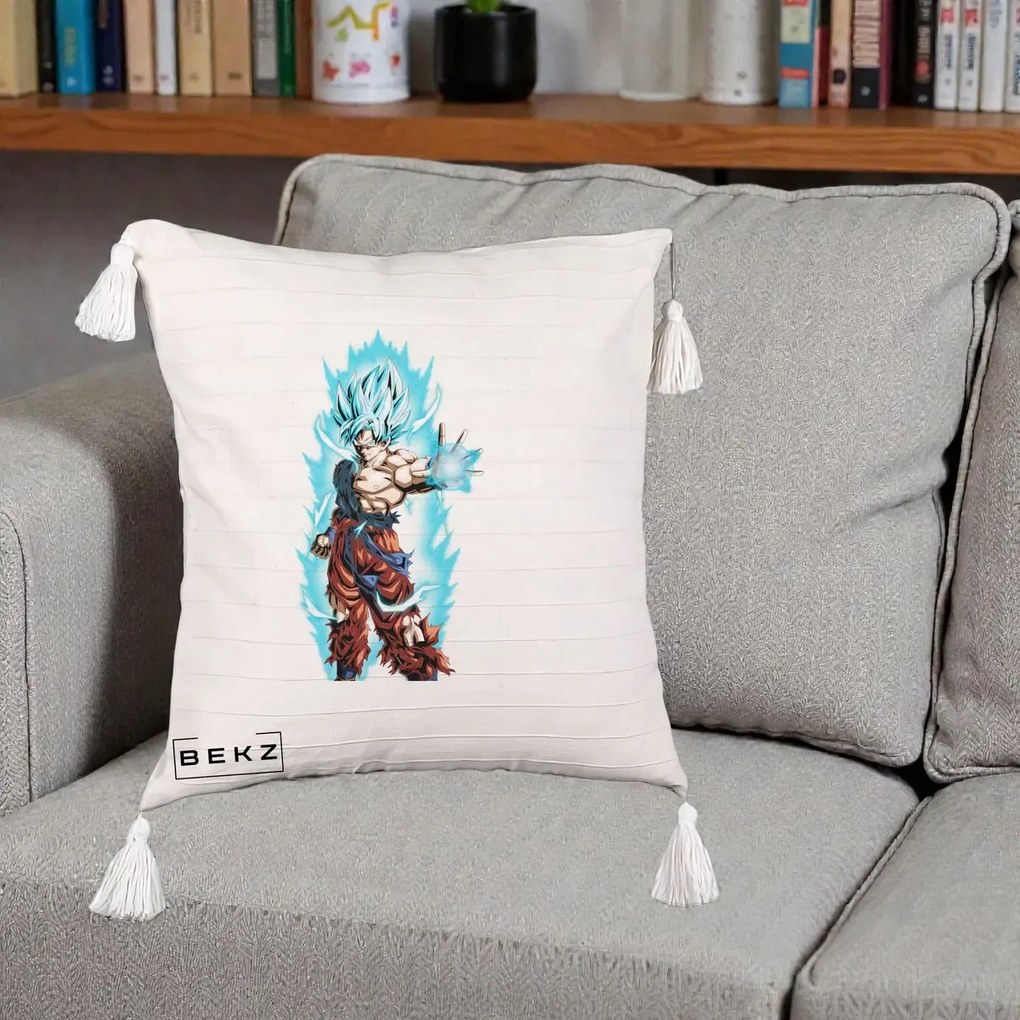 Perna Personalizata Dragon Ball Goku Ultra Instinct Blue, 40x40 cm, Bej cu Franjuri, Husa Detasabila, Perna Inclusa, BEKZ®