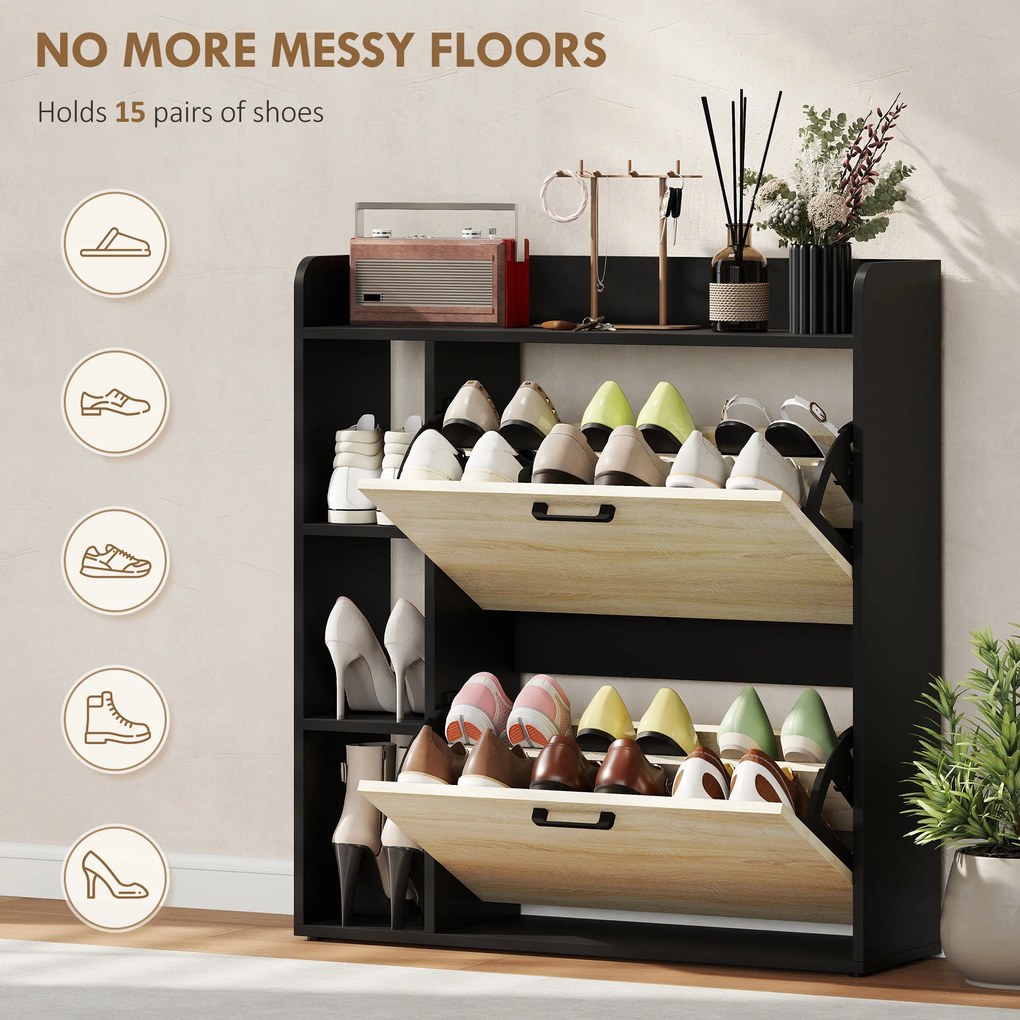 HOMCOM Dulap pentru pantofi slim cu 2 sertare și 3 compartimente deschise, Capacitate 15 perechi, 83x24x90.5 cm, Negru | Aosom Romania