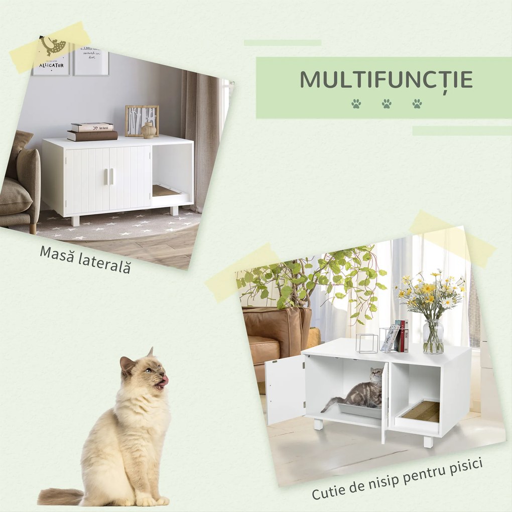 PawHut Mobilier din Lemn pentru Litiera Pisicilor, cu 2 Uși și Deschidere Laterală, 91x52x50,5 cm, Alb | Aosom Romania