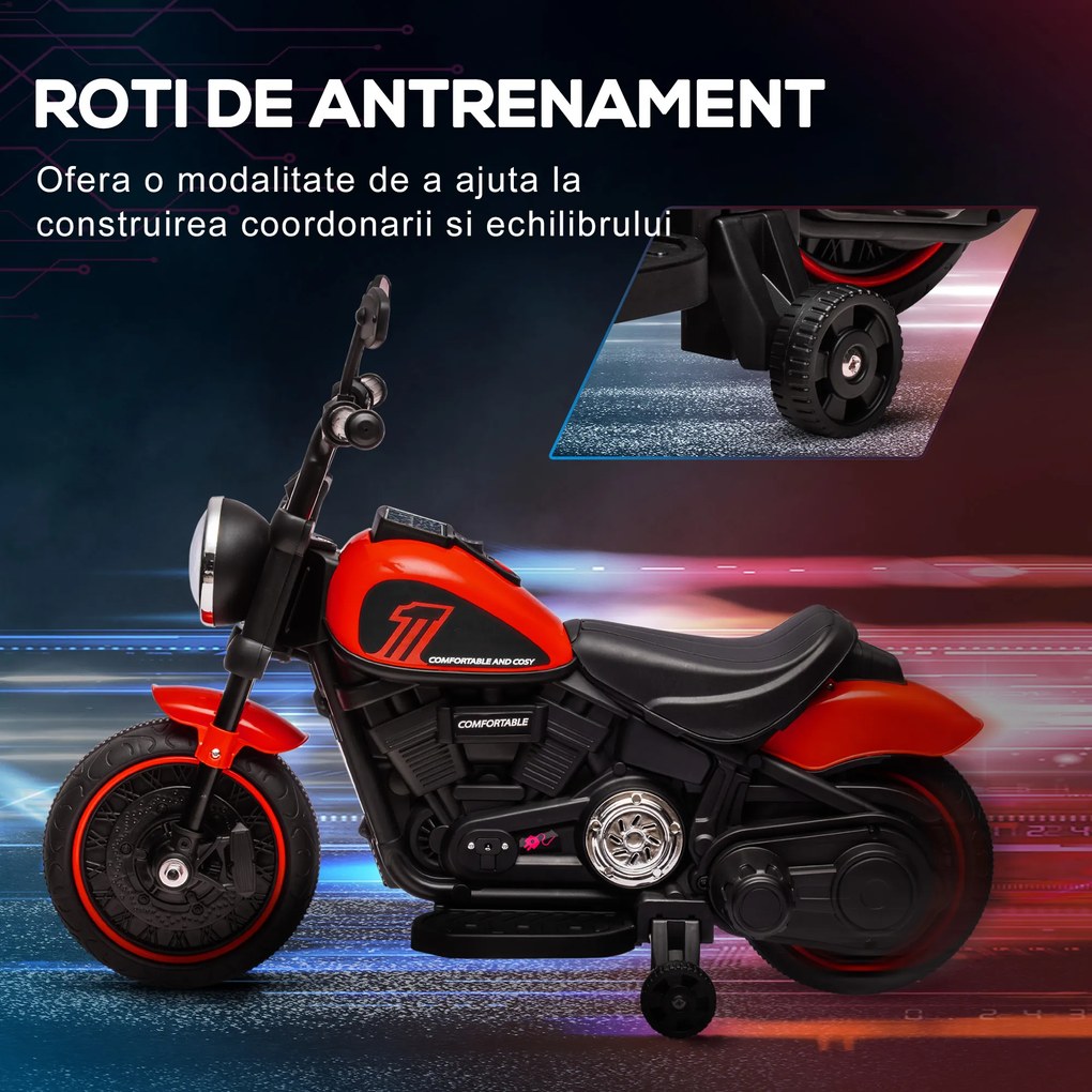 HOMCOM Motocicleta Electrica pentru Copii 18-36 Luni, cu Roti Suplimentare si Far, din PP si Metal ,Rosu si Negru | Aosom Romania