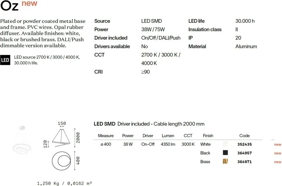 Lustra LED suspendata design circular OZ SP D040 ON-OFF OTTONE 3000K