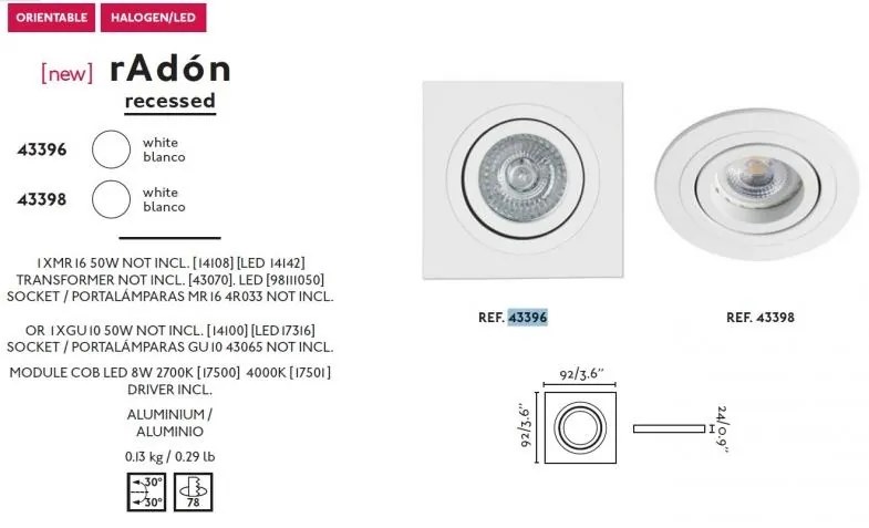 Rama spot directionabil, incastrabil, alb, dim. 9,2x9,2cm RADON-C, 43396
