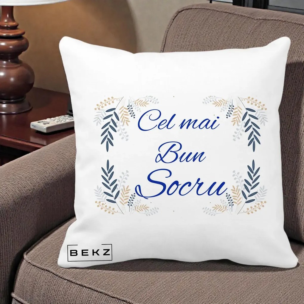 Cadou pentru Socru - Perna Personalizata Cel mai Bun Socru cu Ramuri Frunze Albastre si Aurii, 40x40 cm, Alba Mata, Husa Detasabila, Perna Inclusa, BEKZ®