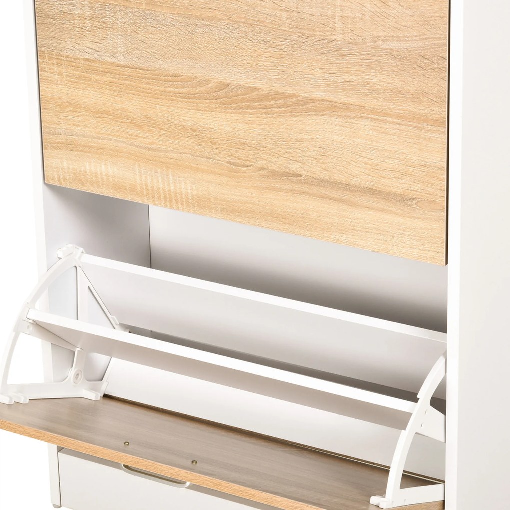 HOMCOM Dulap pentru Pantofi, Mobilier depozitare Pantofi cu 2 Uși pliante 2 Compartimente, sertar, Placă din Sticlă - Lemn stejar Alb | Aosom Romania