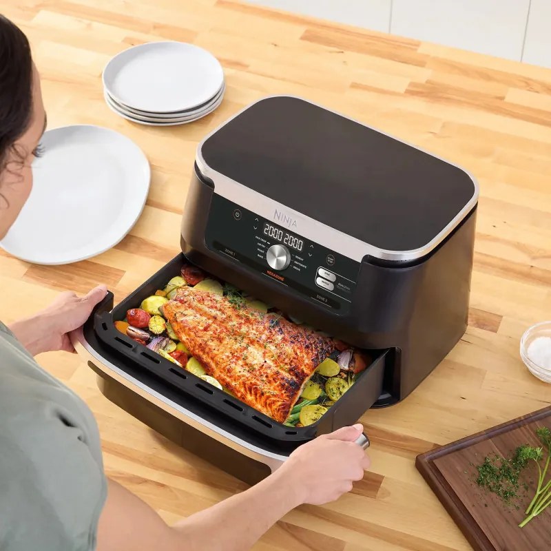 Friteuza dubla cu aer cald Ninja AF500EU, 10.4 L, 7 programe, Timer, Zone independente, Negru/Inox