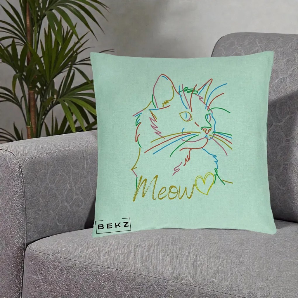 Perna personalizata Pisica Meow Arta Linie Colorata, 40x40 cm cu Umplutura, Verde Menta, BEKZ