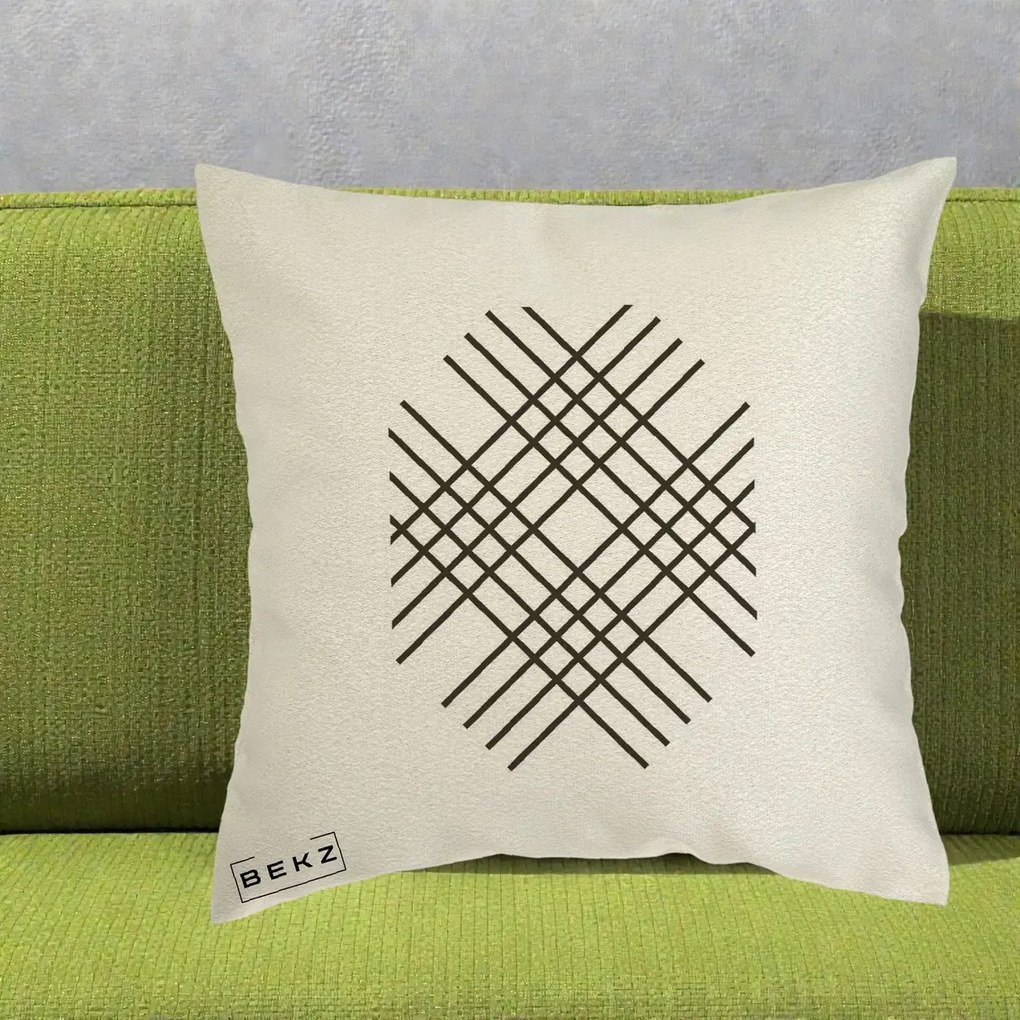 Perna Decorativa Geometric Grid, 40x40 cm, Ecru, Husa Detasabila, Perna Inclusa, BEKZ®