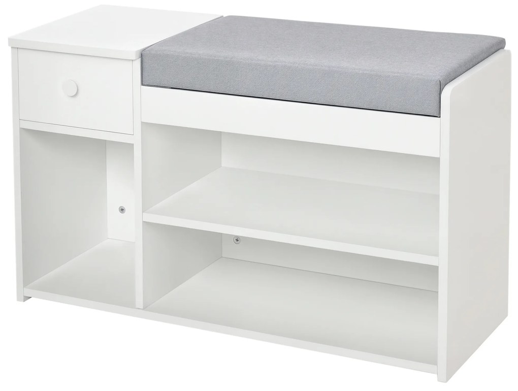 Banca pantofar cu perna, sertar si 3 compartimente deschise, mobilier din lemn pentru hol 81x31.5x49cm, alb | Aosom Romania