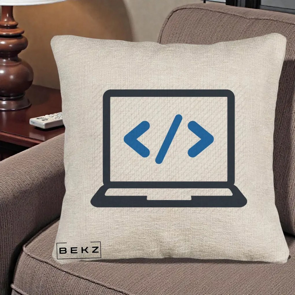 Perna Personalizata Laptop Cod HTML, 40x40 cm, Bej Canapea, Husa Detasabila, Perna Inclusa, BEKZ®