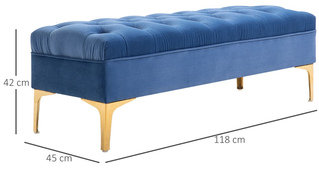HOMCOM Bancă Hol, Bancă la Capătul Patului din Catifea Albastru Închis, Design Modern cu Picioare Metalice Aurii, 118x45x42cm | Aosom Romania