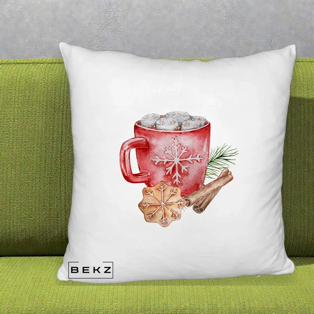 Perna Decorativa Cacao de Iarna cu Biscuit, 40x40 cm, Alb Pufos, Husa Detasabila, Perna Inclusa, BEKZ®