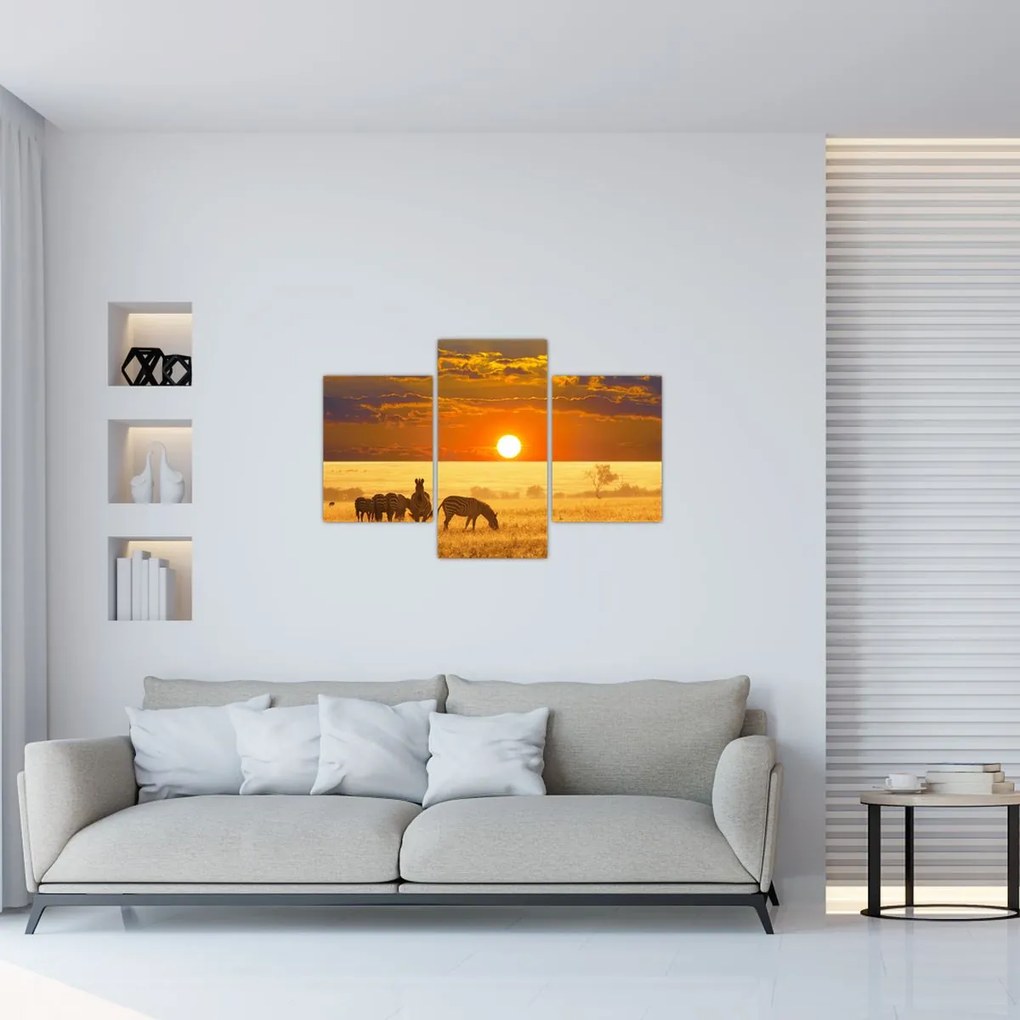 Tablou - Zebre cu apus de soare (90x60 cm)