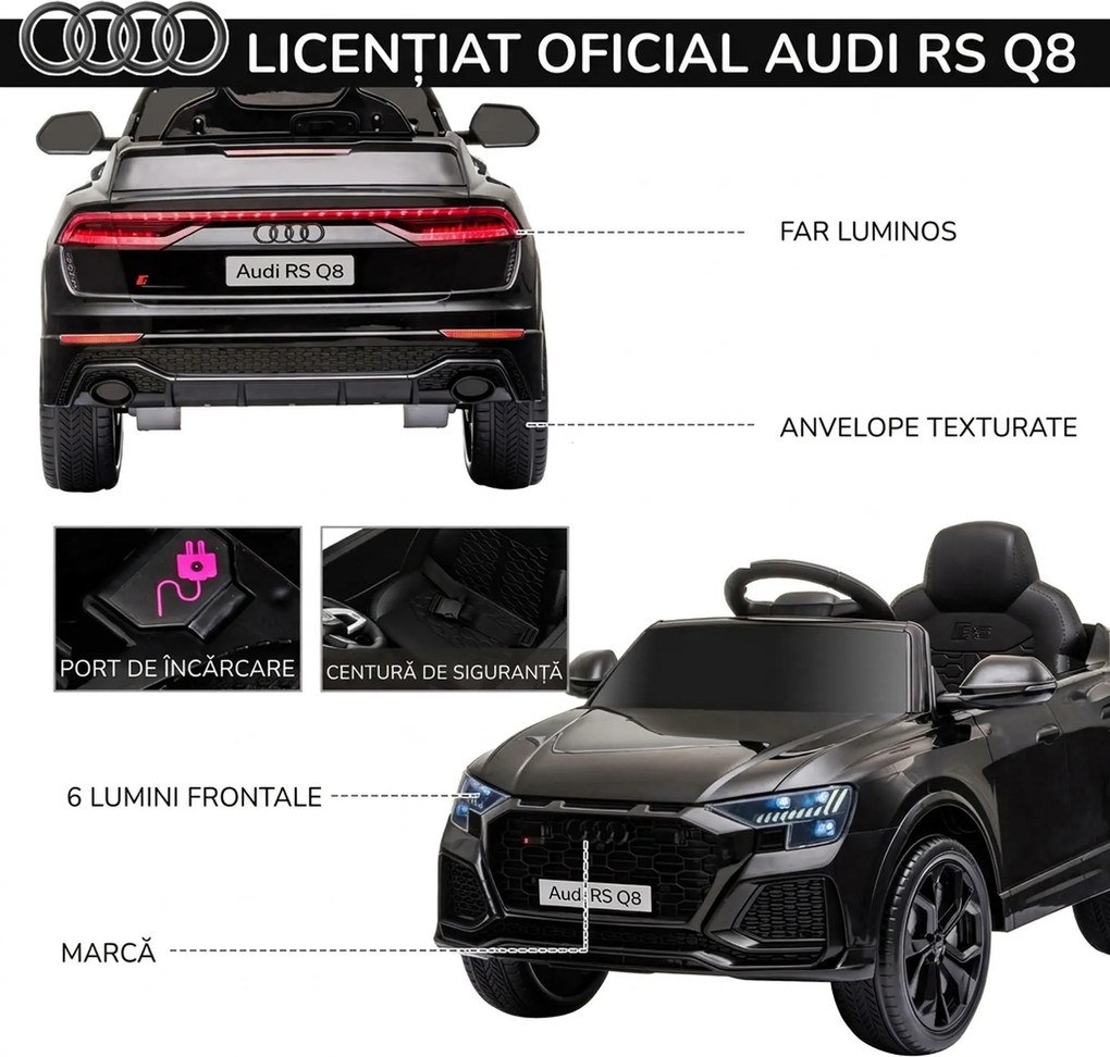 HOMCOM Mașină Electrică pentru Copii Audi RS Q8, 6V, 2 Motoare, Telecomandă, PP, 101x62x51 cm, Negru | Aosom Romania