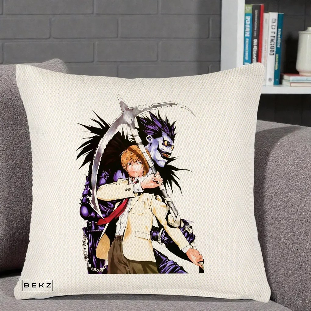 Perna Personalizata Death Note Light si Ryuk Duo, 40x40 cm, Crem Reliefat, Husa Detasabila, Perna Inclusa, BEKZ®