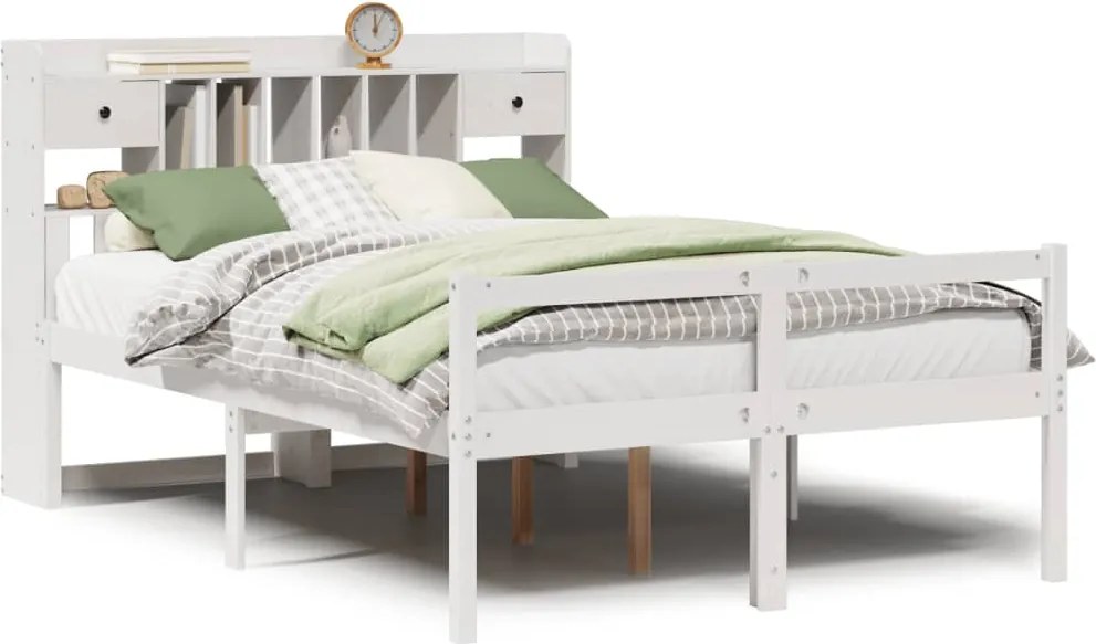 vidaXL Pat cu bibliotecă fără saltea, alb, 140x190 cm, lemn masiv pin