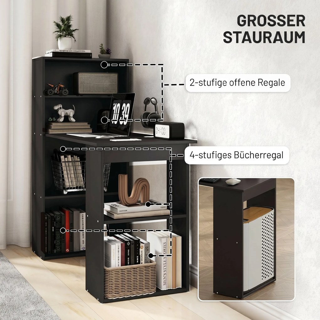 Birou Modern pentru Acasa cu Rafturi de Depozitare pe 6 Niveluri, Masa de Scris cu Raft pentru Carti, Negru HOMCOM | Aosom Romania