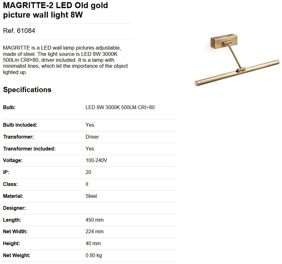 Aplica LED pentru oglinda tablou MAGRITTE-2 LED Old gold 61084