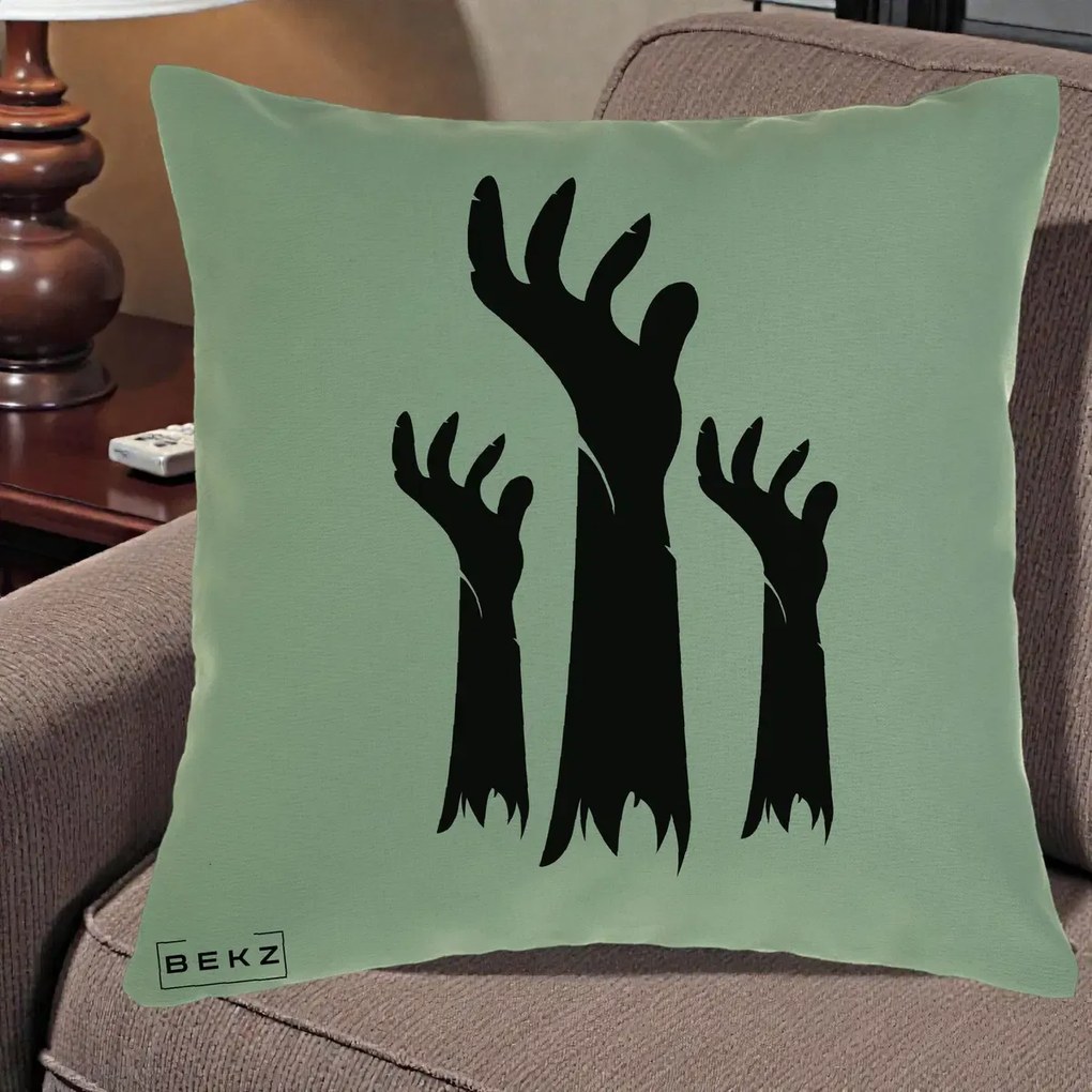 Perna Decorativa Halloween Maini Zombie Alb-Negru, 40x40 cm, Verde, Husa Detasabila, Perna Inclusa, BEKZ®