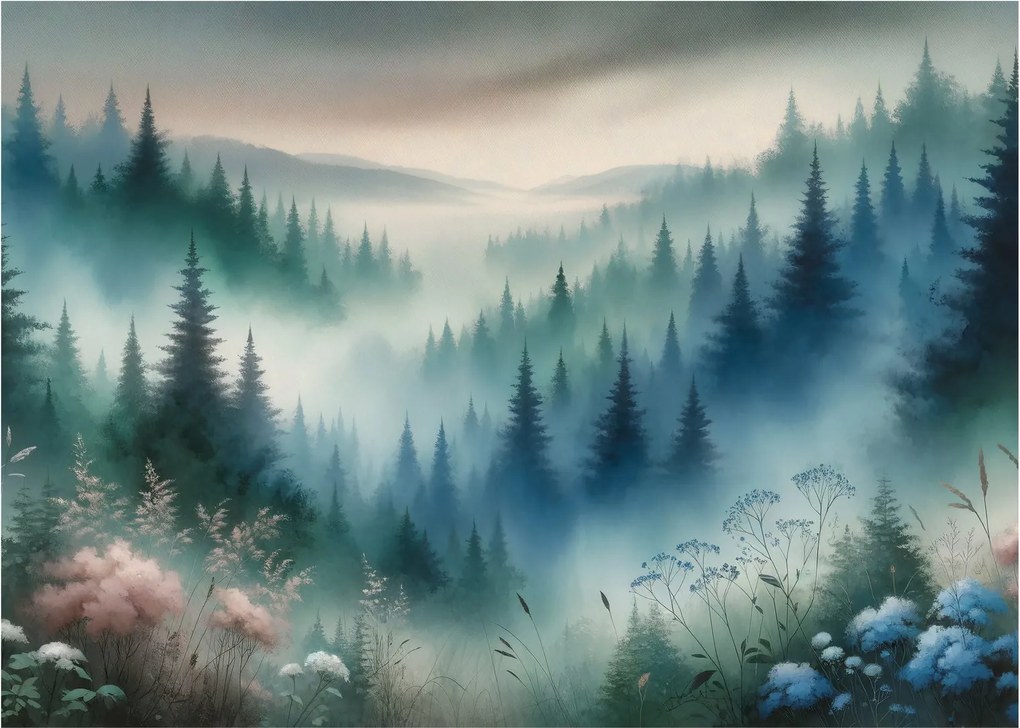Tablou pe sticlă - Peisaj forestier cu ceață (70x50 cm)