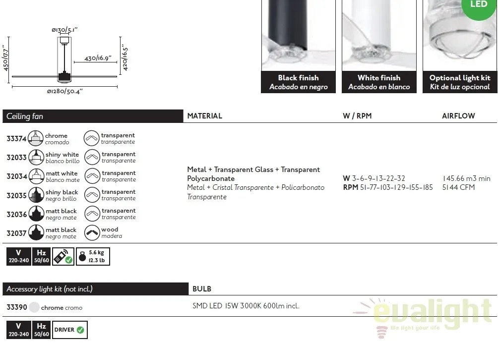 Ventilator cu telecomanda Tube crom / transparent 33374