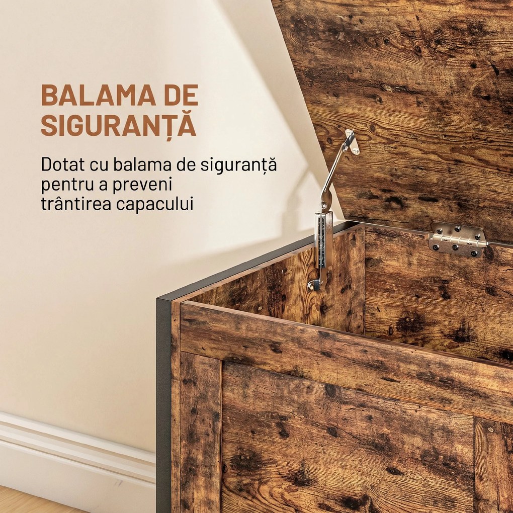 HOMCOM Bancă de Depozitare de 95L în Stil Industrial cu Capac cu Balamale de Siguranță, 80x40x49 cm, Maro Rustic | Aosom Romania
