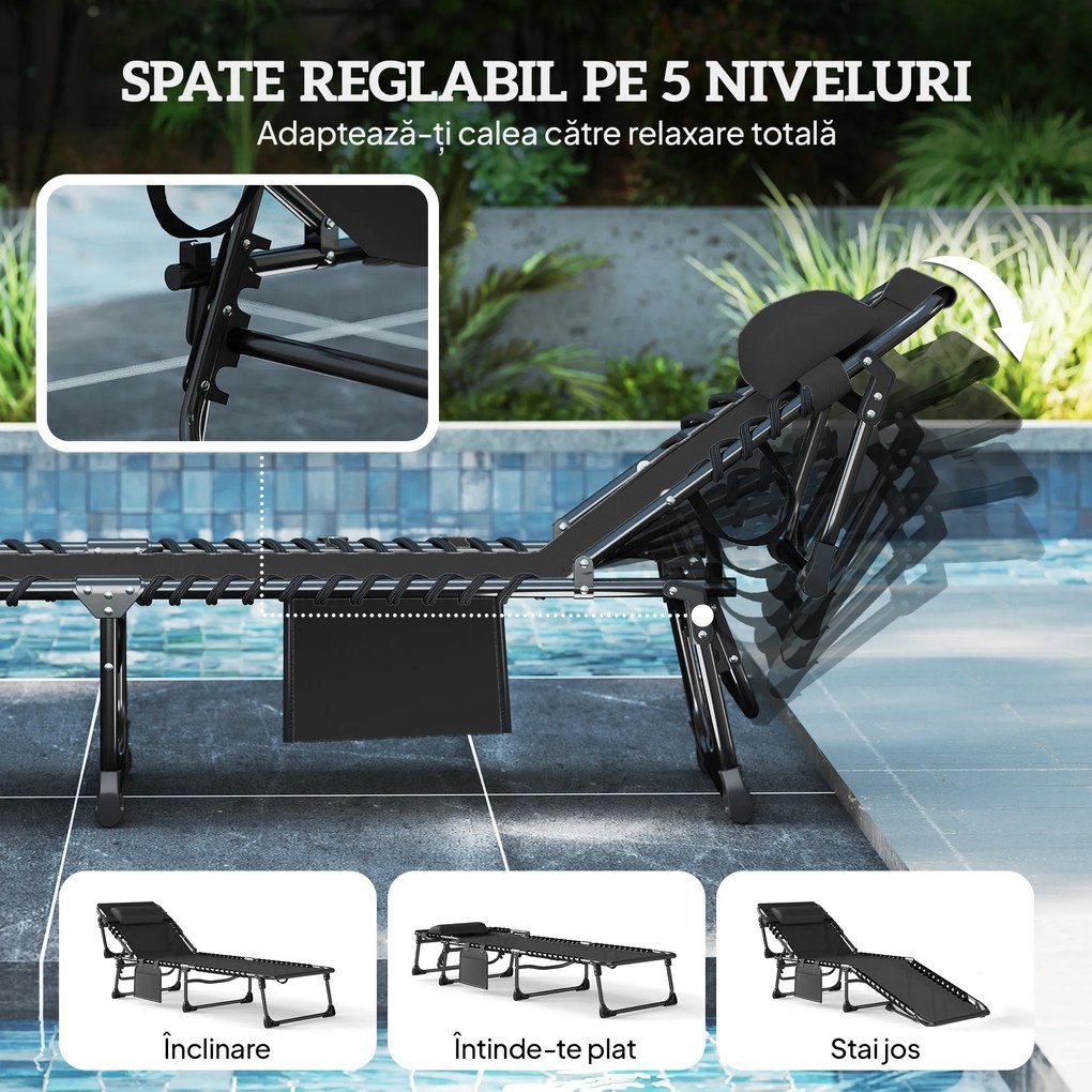 Outsunny Set de 2 Șezlonguri de Grădină Pliabile, Reglabile pe 5 Niveluri, cu Perne, Șezlonguri Textilenă cu Buzunar Lateral, Mâner, pentru Plajă, Piscină, 57x200x38 cm, Negru | Aosom Romania