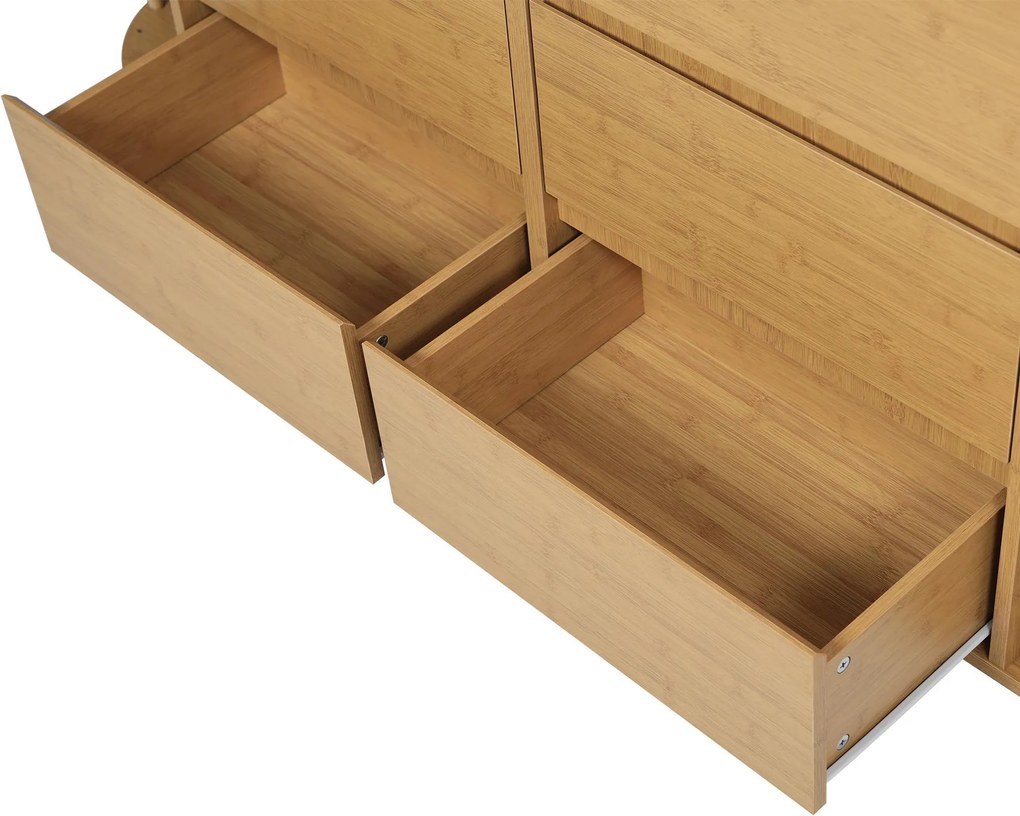 Comodă Sideboard, 6 sertare &amp; rafturi deschise, design în stil roman cu coloane &amp; rafturi din bambus, 160x40x75 cm, Culoare naturală