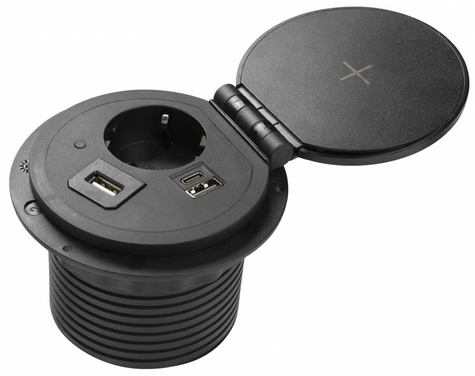 Priza incorporabila rotunda, 1 priza schuko, USB A+C + 1 port interschimbabil(USB A, HDMI, RJ45), incarcare Wireless 5 W, cablu 1.5 m, neagra, GTV