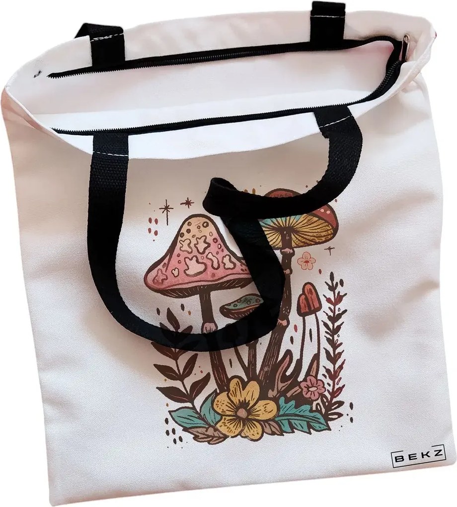 Sacosa de Panza pentru Cumparaturi, Geanta Tote, Colorful Mushrooms 4, Cu fermoar, 38x34.5 cm, Alba, BEKZ®