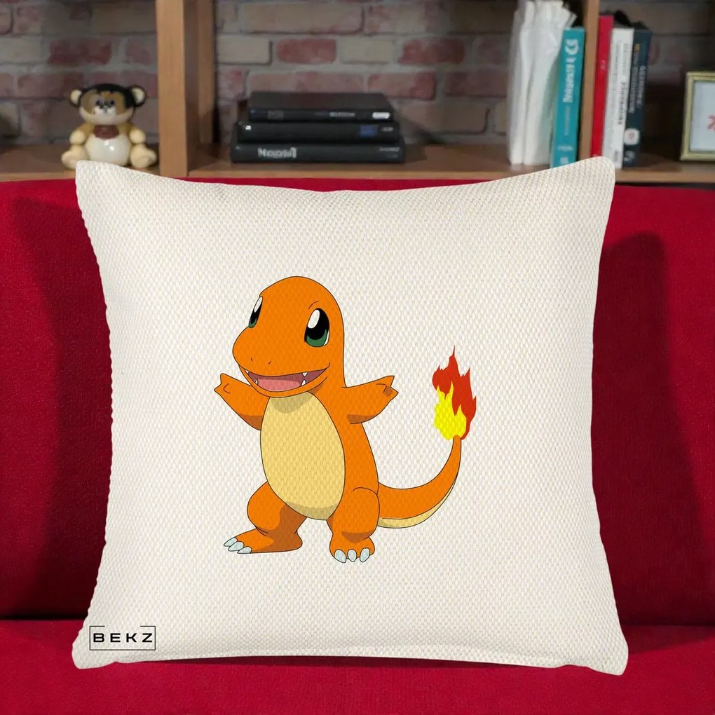 Perna Personalizata Charmander Pokemon, 40x40 cm, Crem Reliefat, Husa Detasabila, Perna Inclusa, BEKZ®