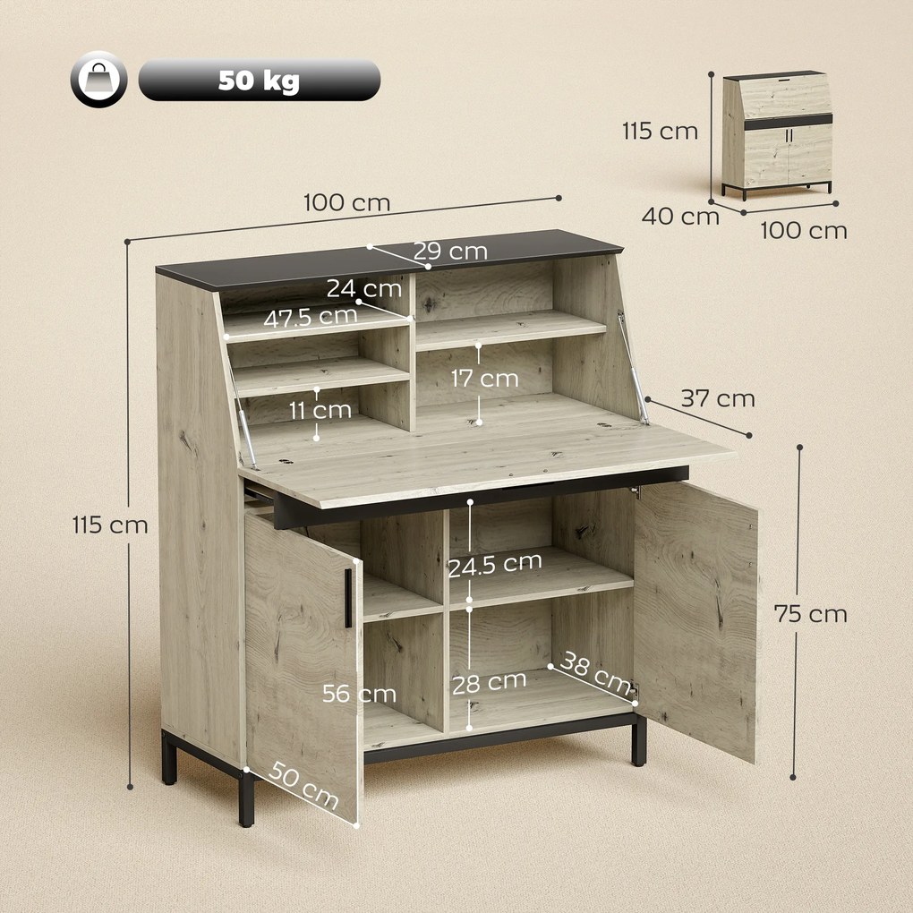 HOMCOM Birou-secretar industrial cu rafturi și cadru metalic 100 cm lemn natural și negru | Aosom Romania