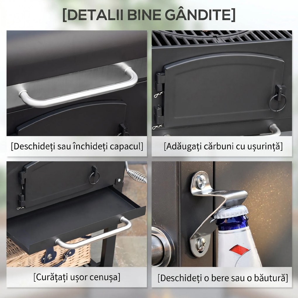 Outsunny Charcoal BBQ Grill and Smoker Combo w/ Adjustable Height, Folding Shelves, Thermometer, and Wheels | Aosom Romania