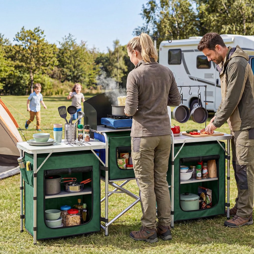 Outsunny Mobilier de Bucătărie pentru Camping Pliabil cu 3 Blaturi, 4 Cârlige, Stâlp de Lumină și Husă de Transport 172x48x119 cm Verde | Aosom Romania
