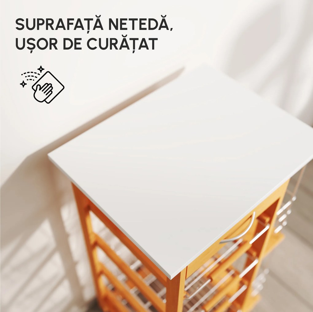 HOMCOM Cărucior de Bucătărie din Lemn Maro, Suport Alimente, 1 Sertar, 4 Coșuri Metalice, MDF, Lemn de Pin, Metal, 47x37x83cm | Aosom Romania