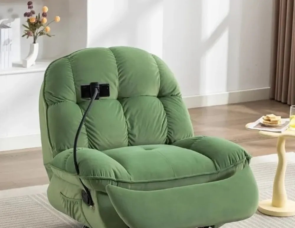 Fotoliu Recliner, suport picioare extensibil, suport telefon, Textil, Verde