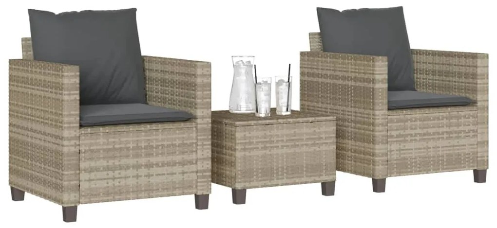 4003901 vidaXL Set bistro cu perne, 3 piese, gri deschis, poliratan