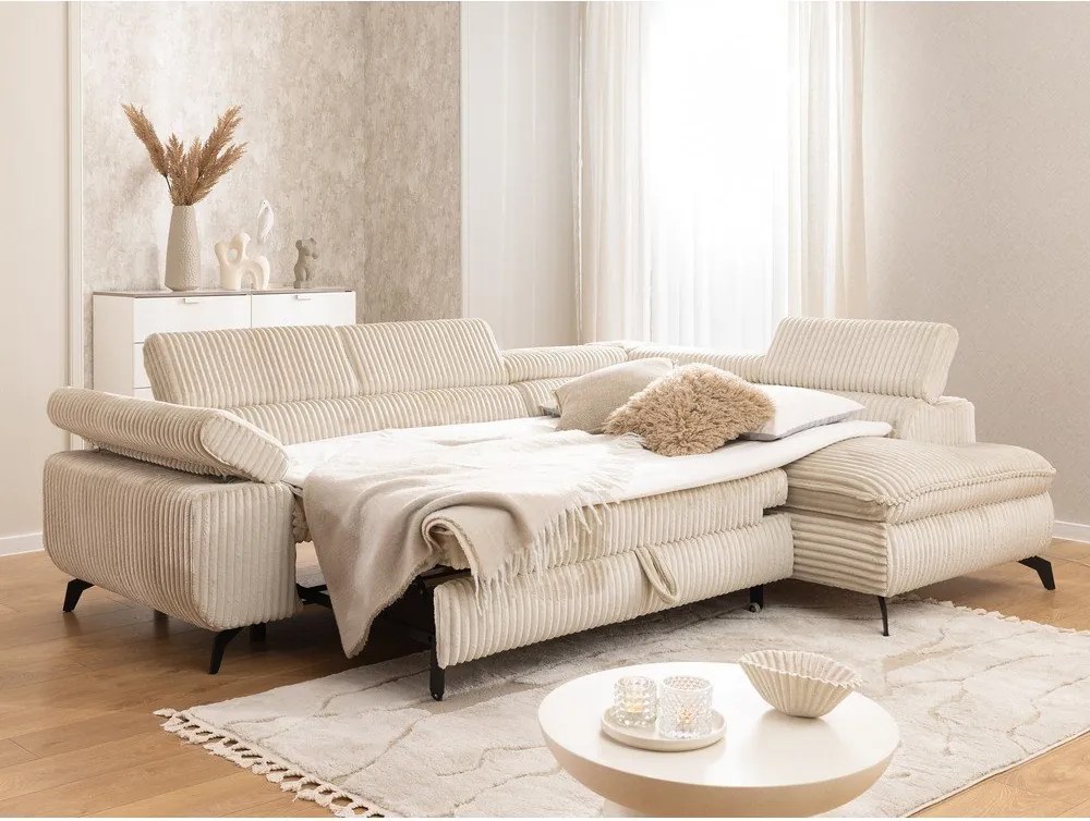 Colțar bej cu tapițerie din catifea reiată (cu colț pe partea dreaptă/în formă de ”L”) Marbeya – Ropez