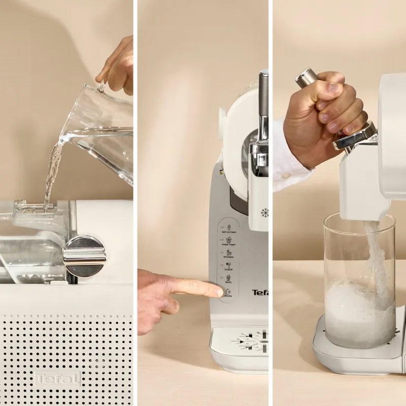 Aparat de inghetata 16in1 Tefal Freezi IG803AE0, 200 W, 1,4 l, 5 programe automate, Functionare silentioasa, Fara congelare prealabila, Alb/Argintiu